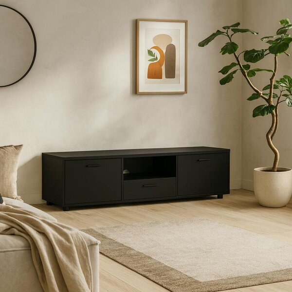 Wyld Haus Nagoya Black Low Compact Media TV Unit 2 Doors 1 Drawer 1 Shelf