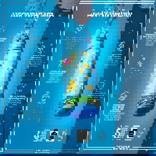 A light blue, butterfly-patterned water bottle is being held. Its features include a hide-away handle, crevice-free design, double-walled stainless steel construction, hygiene cover, and wide mouth. It's an award-winning design.