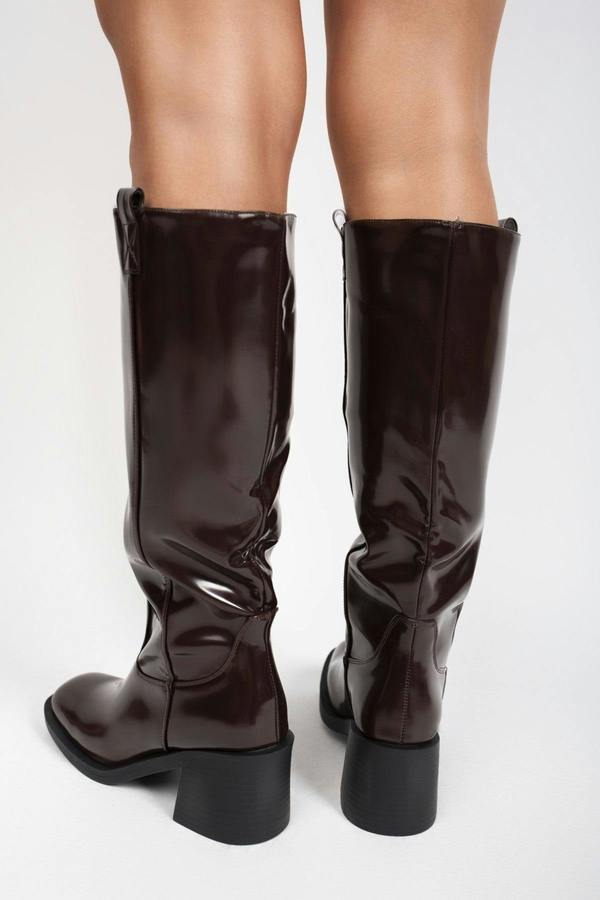 Verira Patent Knee High Block Heel Boots - Wine