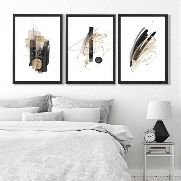 Set of 3 Abstract Black and Gold Fiesta Art Prints in Luxury Frames | Artze UK
