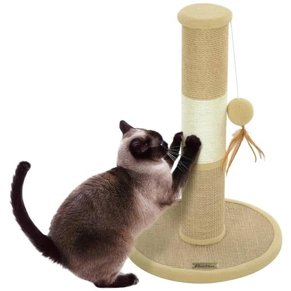 Beige cat scratching post with tall sisal rope post, round base, hanging toy ball and feather