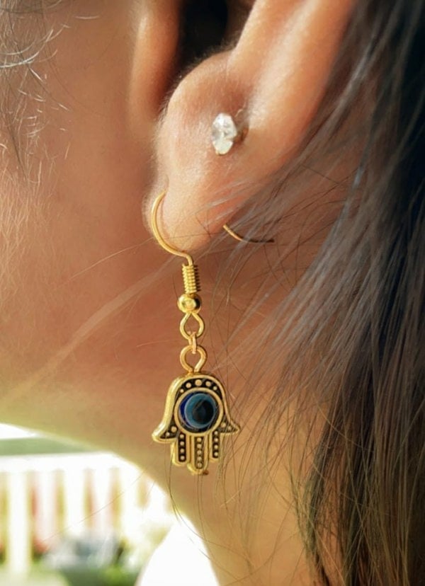 The Colourful Aura Hamsa Fatima Hand Evil Eye Protection Zircon Hand Drop Dangle Hook Earrings