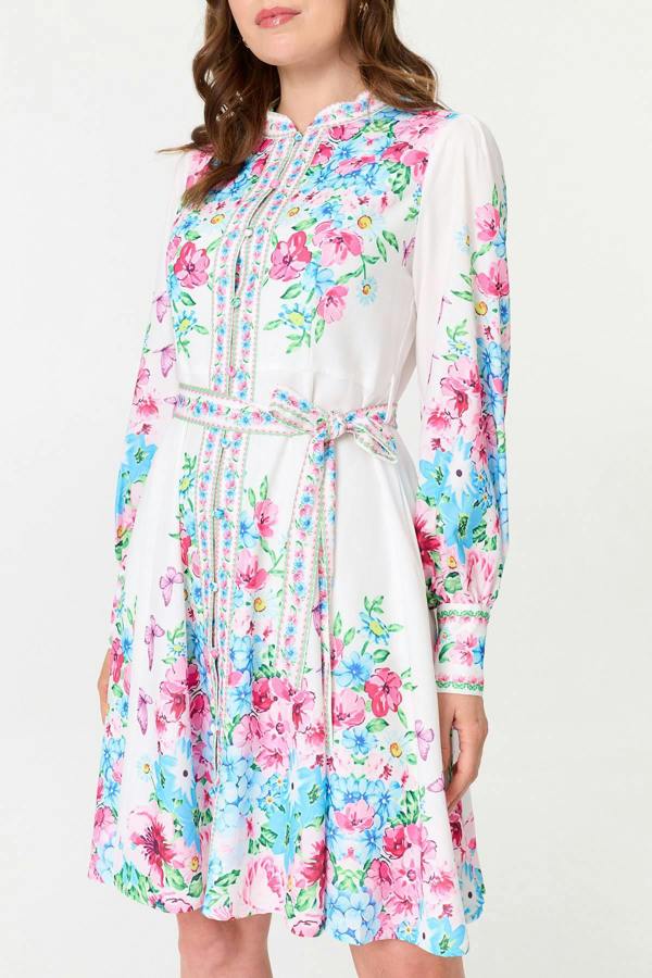 White | Floral Long Sleeve Tie Waist Short Dress