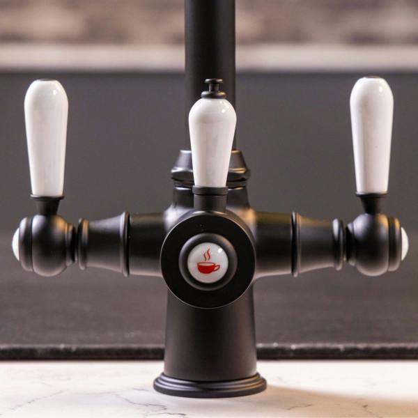 Flode korsa | Traditional Cruciform Style 3 in 1 Instant Boiling Tap | White Ceramic Levers | Matt Black Finish
