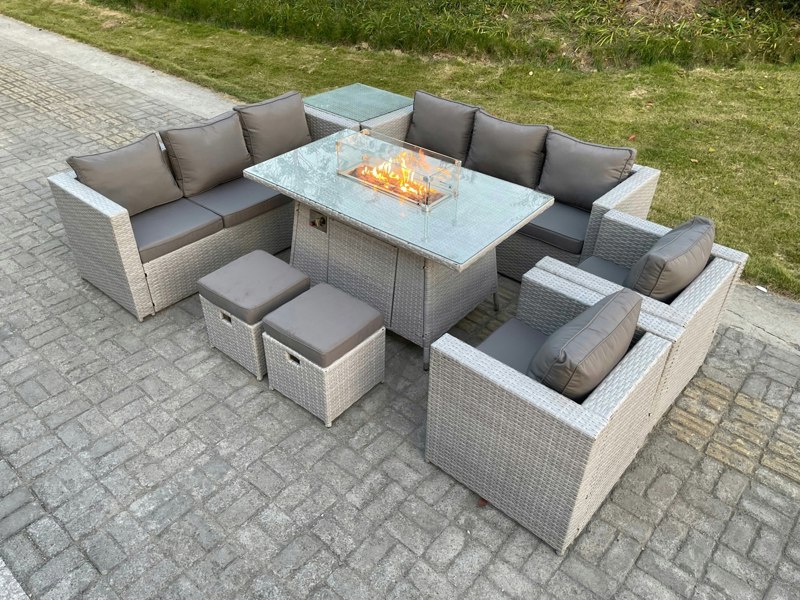 Fimous Rattan Outdoor Garden Furniture Set with Gas Fire Pit Table, 2 Sofas, 2 Chairs, 2 Foot Stools, 1 Side Table - 10 Seater - Light Grey