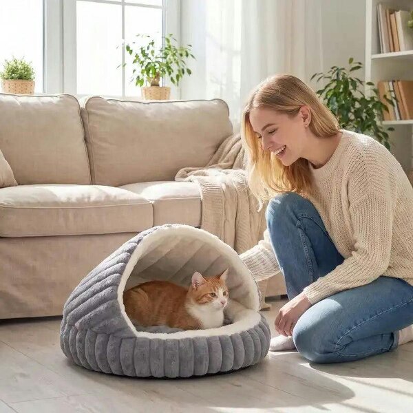 Cat Bed for Indoor Kittens, Cat Cave House with Non-Slip Bottom and Washable Cushion - Grey