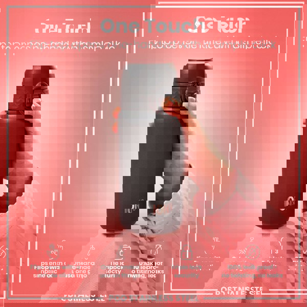 A dark gray ION8 water bottle is held; its flip top opens one-handed. The bottle rests on pink fabric; text highlights its features.