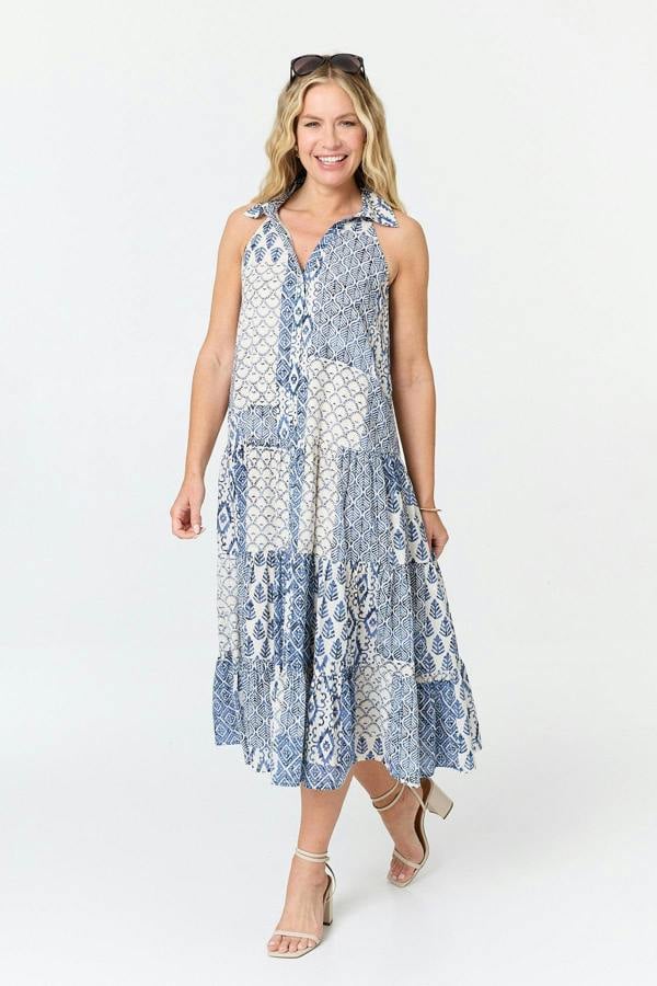Blue | Printed Sleeveless Shirt Midi Dress