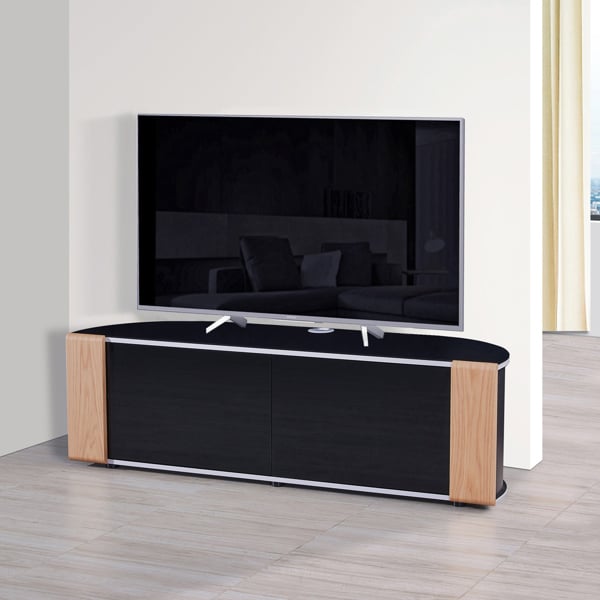 MDA Designs Sirius 1600 TV Cabinet Gloss Black Stand with BEAMTHRU Remote-Friendly Glass Door, Walnut/Oak Trims for TVs up to 70” TV