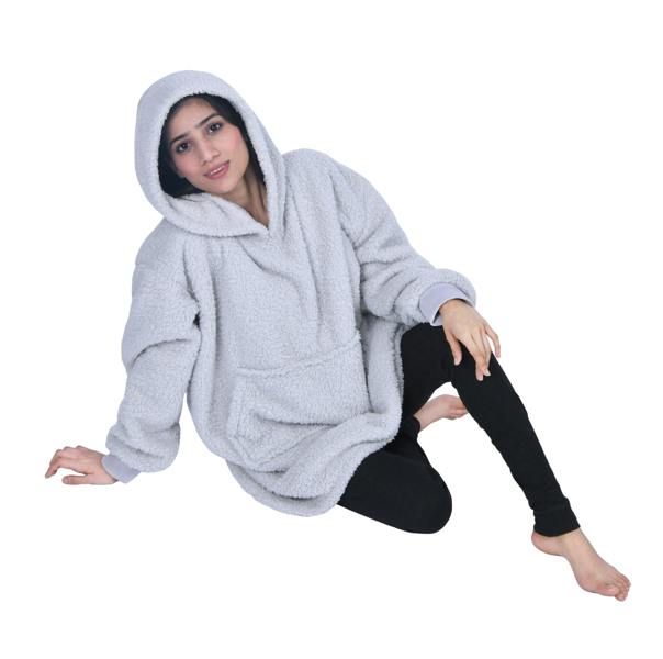 Smart Living Ladies Oversized Borg Blanket Hoodie - Ultra Soft & Warm Fleece Loungewear - Light Grey
