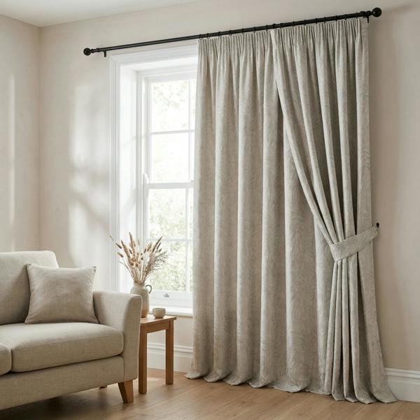 Lille made-to-measure curtains in Platinum, styled in a living room