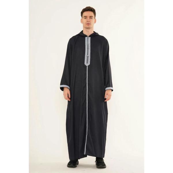 Men's Hooded Gandoura Embroidery Moroccan Thobe - Navy - Thobez - 11