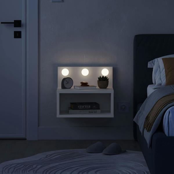 Decortie Floating Bedside Table with 3 LED Lights 30cm Modern Wall-mounted Open Shelf for Storage, Bedroom