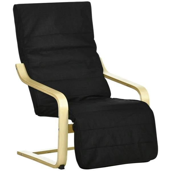 Black upholstered armchair with bentwood frame and cushioned footrest, angled view