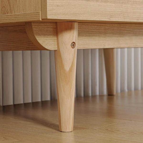 Natural wood wardrobe cabinet with tapered legs and visible underside support