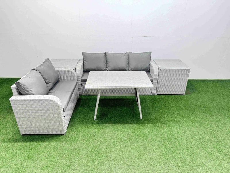 Fimous Outdoor PE Rattan Garden Furniture Set Rectangular Dining Table Sofa Set with 2 Side Tables Light Grey