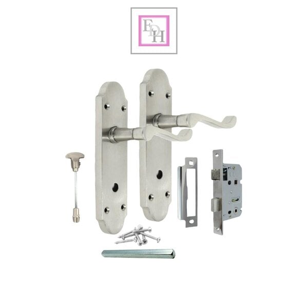 EDH Door Hardware Satin Nickel Bathroom Door Handle – Epsom Style Victorian Scroll Privacy Lever