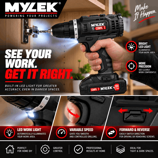 Mylek 18V Cordless Li-ion Drill And 13 Piece Accessory Set