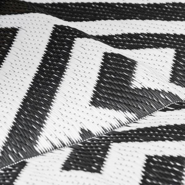 Close-up of black-and-white Greek key outdoor rug with woven plastic straw texture.