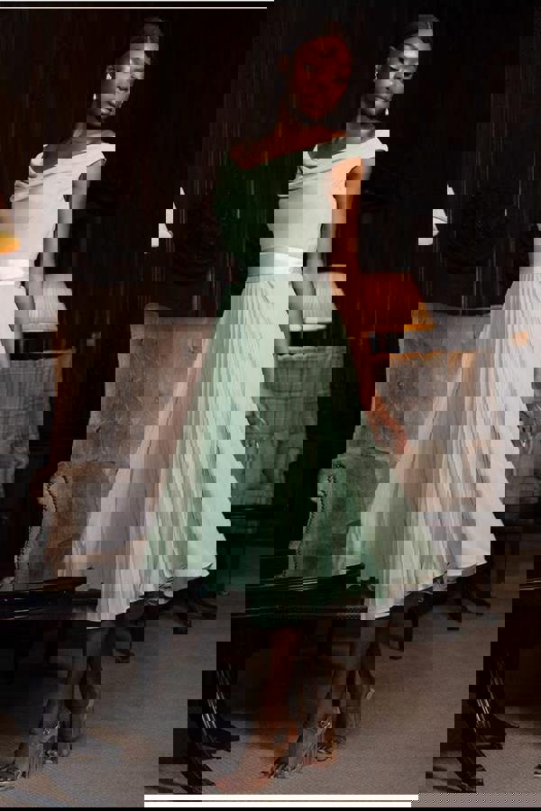 Cowl Neck Pleated A-Line Chiffon Midi Dress - Sage Green DR4501