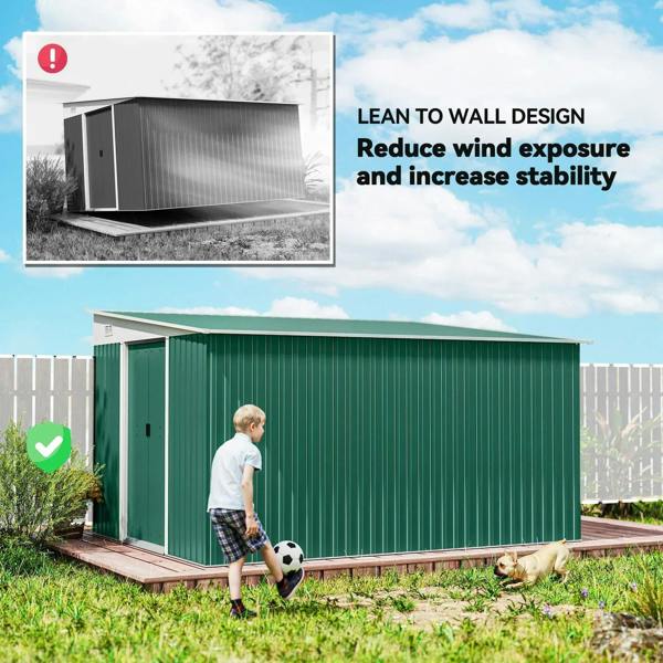 Green metal storage shed with double sliding door and side panels on a raised base