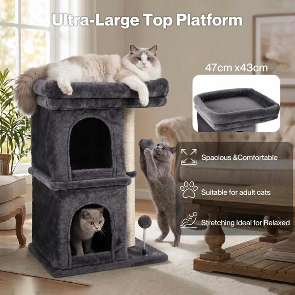 Skylos Cat Tree with Scratching Sisal Post Large Top Perch 2 Condos Dark Grey