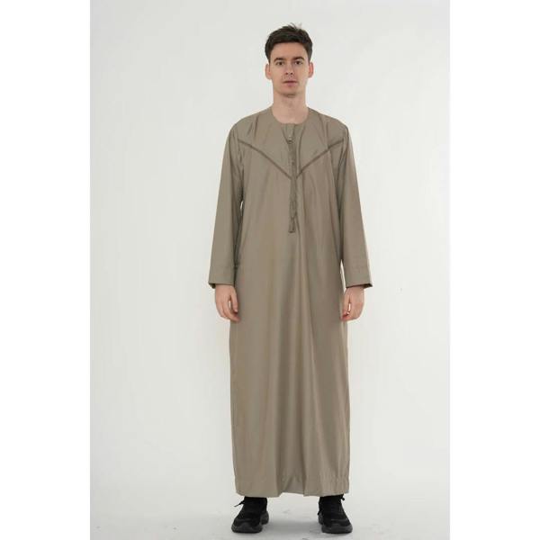 HM10 - Men's Emirati Omani Zipped Embroidery Thobe - Beige - Thobez - 11