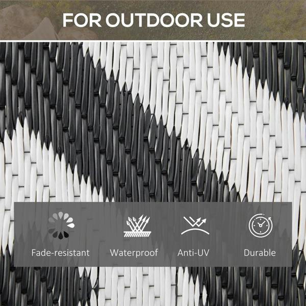 Black-and-white woven outdoor rug with ribbed plastic straw texture and durability icons.