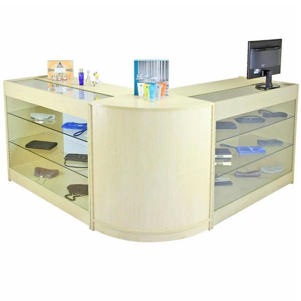 Horizon Maple Shop Counter features a light maple finish, curved design, glass display shelves, and space for a monitor and accessories
