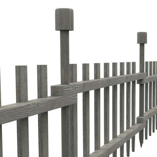 Close-up of grey wooden garden fence edging with vertical pickets and end posts