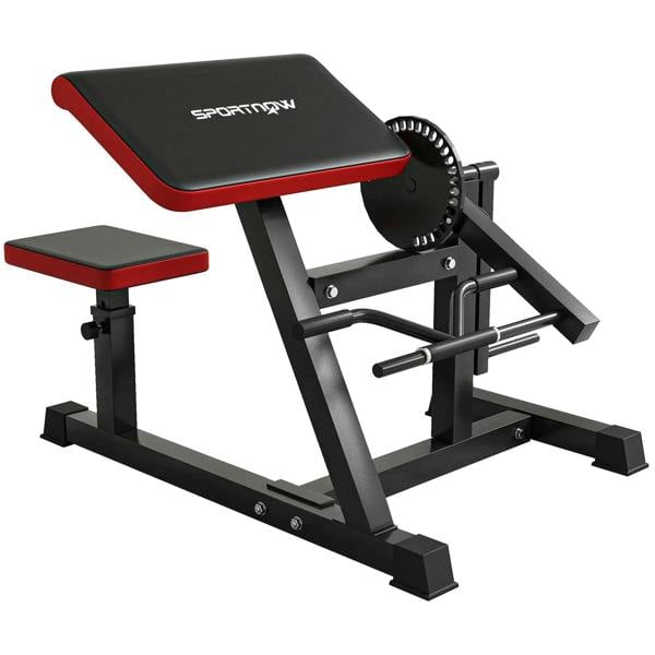 Adjustable preacher curl weight bench with arm handle and elbow cushion, black and red