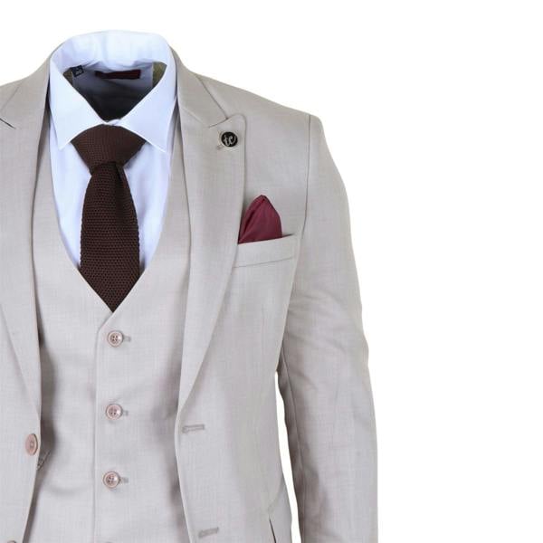 Infinity Leather Men's Cream 3-Piece Tailored Fit Formal Wedding Peak Lapel Suit