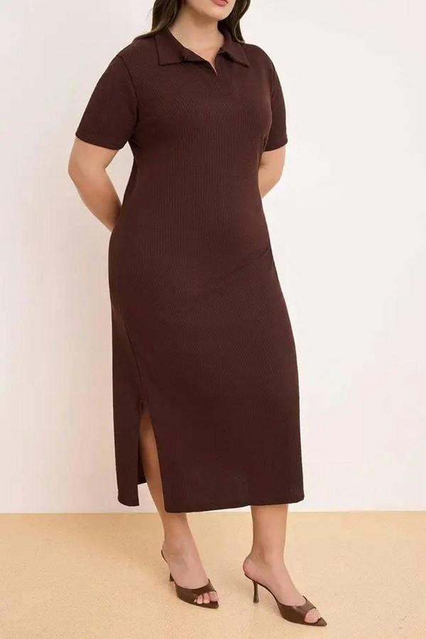 WOVCOR Polo Collar Slit Regular Fit Midi Stretch Knit Plus Size Dress