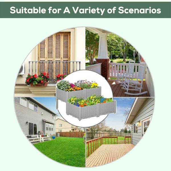 Grey elevated planter box set for patio or yard planting, shown with multiple containers