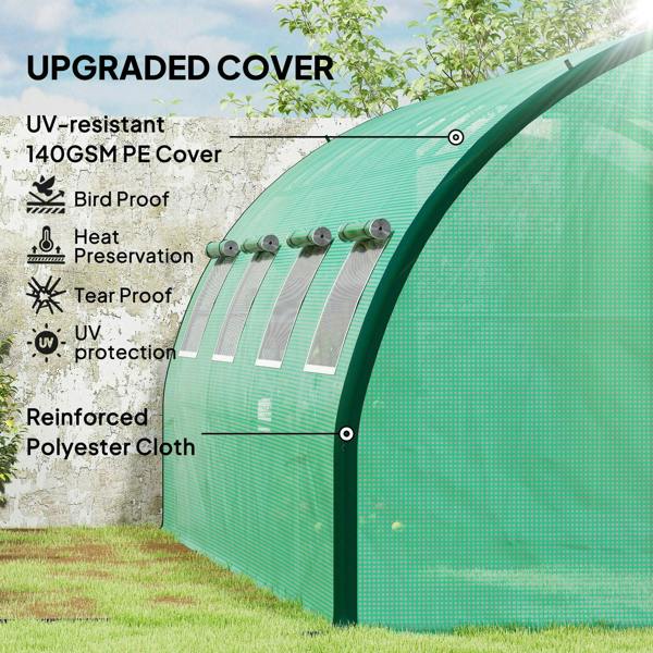 Green greenhouse polytunnel cover on arched frame with secured side clips