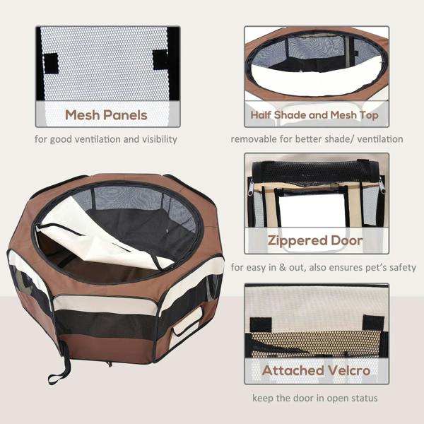 Portable pet playpen feature view: zipper door, mesh panels, and Velcro door hold.