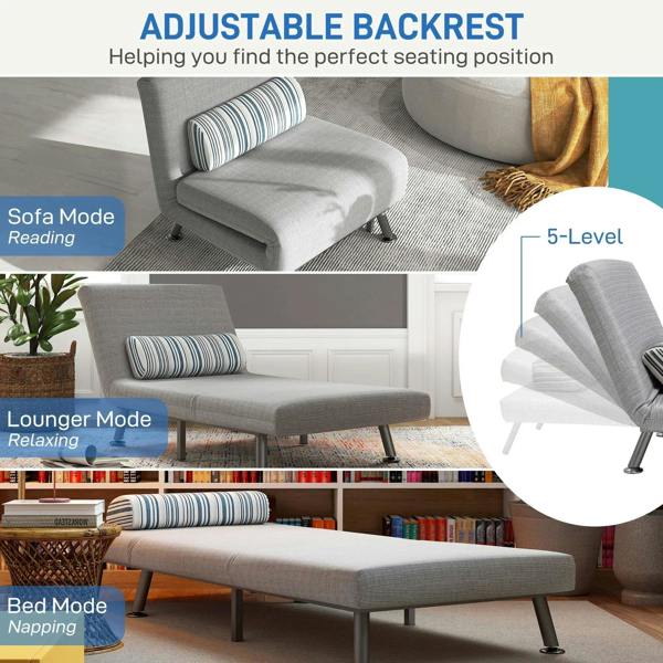 Light grey single sofa bed with striped pillow, adjustable backrest modes shown