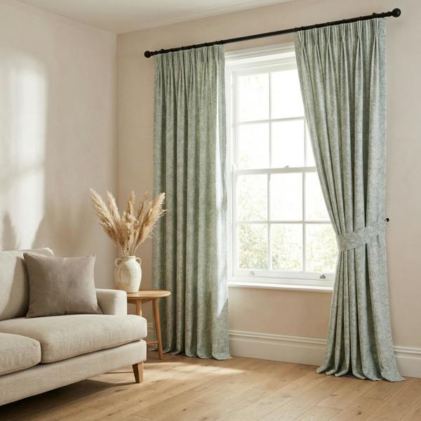 St Barts made-to-measure curtains in Seafoam, styled in a living room