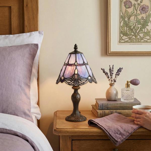 Quirky and Petite Purple Stained Glass Tiffany Lamp with Clear Beads Image 6