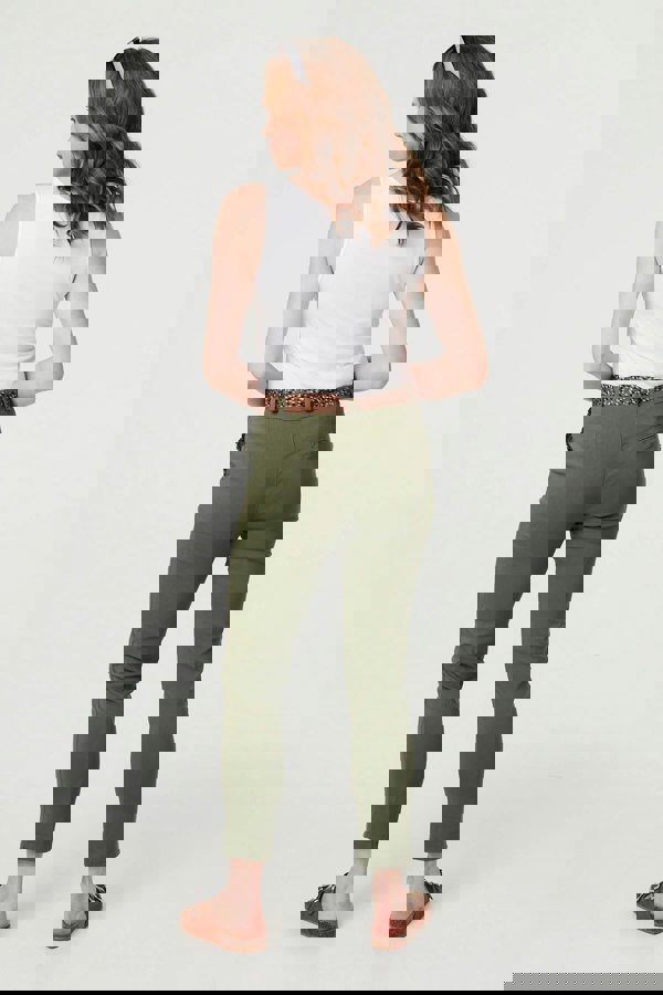Khaki | Mid Rise Straight Trousers with Belt

