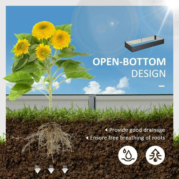 Metal raised garden bed planter box showing open-bottom design and drainage view