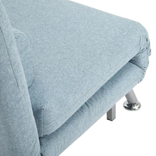 Sky blue upholstered chair armrest and corner detail with metal support legs