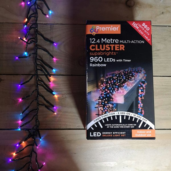 Samuel Alexander 960 LED 12.4m Premier Clusterbrights Indoor Outdoor Multifunction Mains Operated Christmas Cluster Lights with Timer in Rainbow
