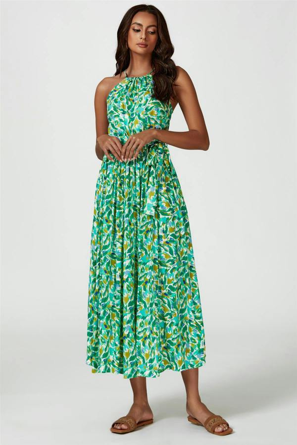 FS Collection Abstract Print Tie Halterneck Maxi Dress In Green