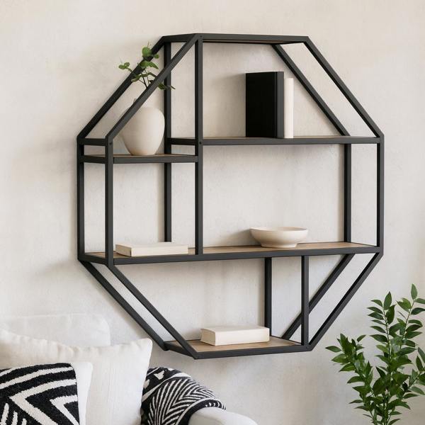 Wyld Haus El Paso Black Metal and Wild Oak Veneer Octagonal Wall Shelf 4 Black Wooden Shelves