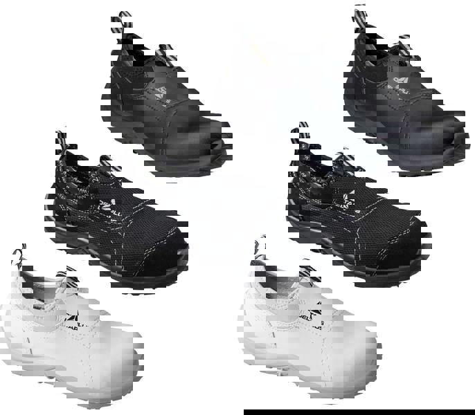 Delta Plus Miami Mens/Womens Slip On Canvas Safety Steel Toe/Midsole Shoes, set of three slip-on safety shoes in black, white, and black with mesh design, featuring steel toes and midsole for safety and comfort.