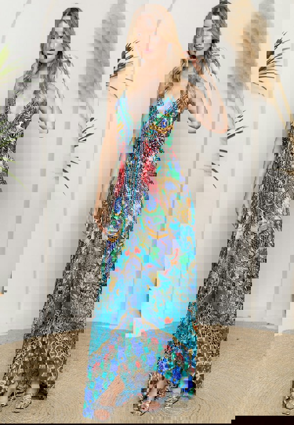 ANGELEYE Deluxe Luxurious Viscose Crepe Maxi Beach Dress in Premium Tropical Print - Multicolour