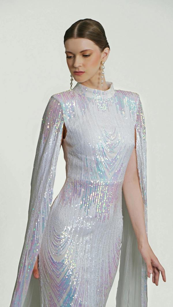 LuvForever Alexandra - White Cape Sleeve Sequin Midi Dress