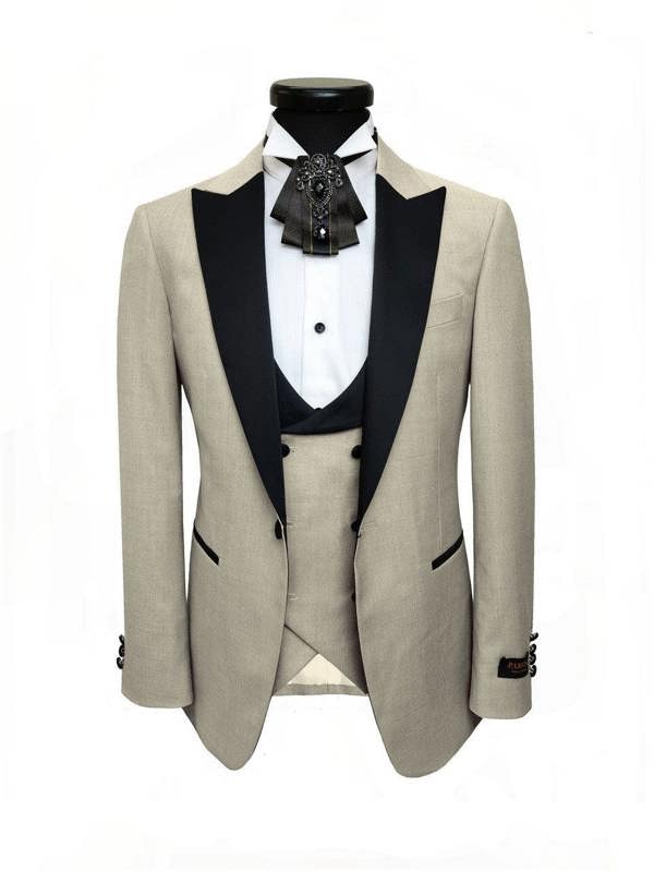Beige 3-Piece Tuxedo With Black Peak Lapel