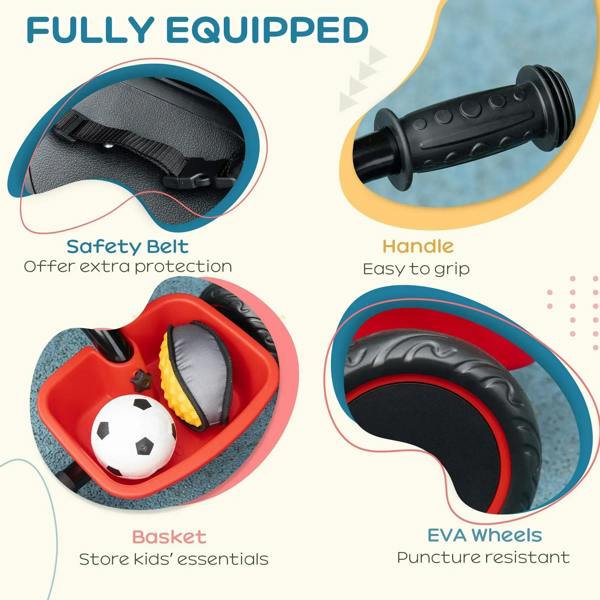 Kids tricycle safety belt, grippy handle, front basket, and puncture-resistant wheels